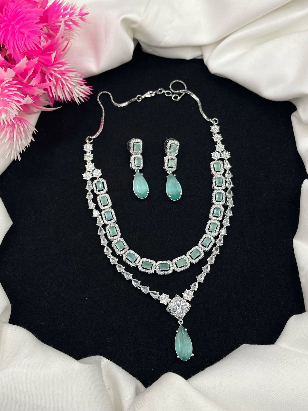 New Beautiful Elegant Design AD American Diamond With Zircon Two layers Necklace Sets.