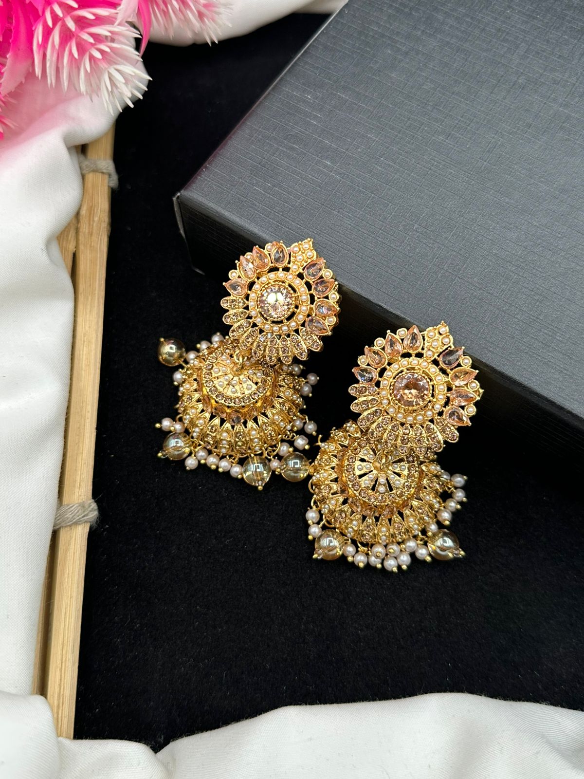 Elegant Manjoos Jhumki with Moti Bandai & Zircon Sparkle