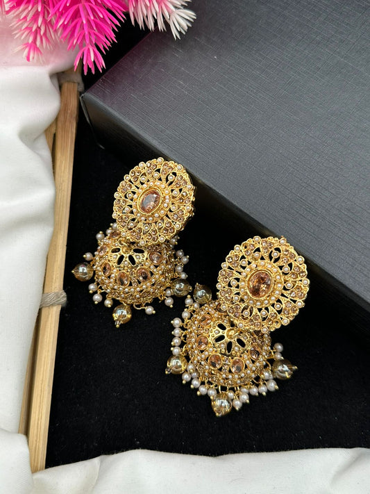 Elegant Zircon Jhumkis With Delicate Moti Bandhai Work.