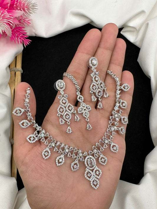 Indian cubic Zircon two tone silver polish necklace set