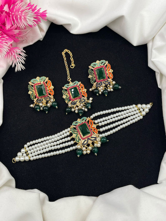 “Elegant Nauratan Choker Set with Vibrant Multi-Stone Detailing”