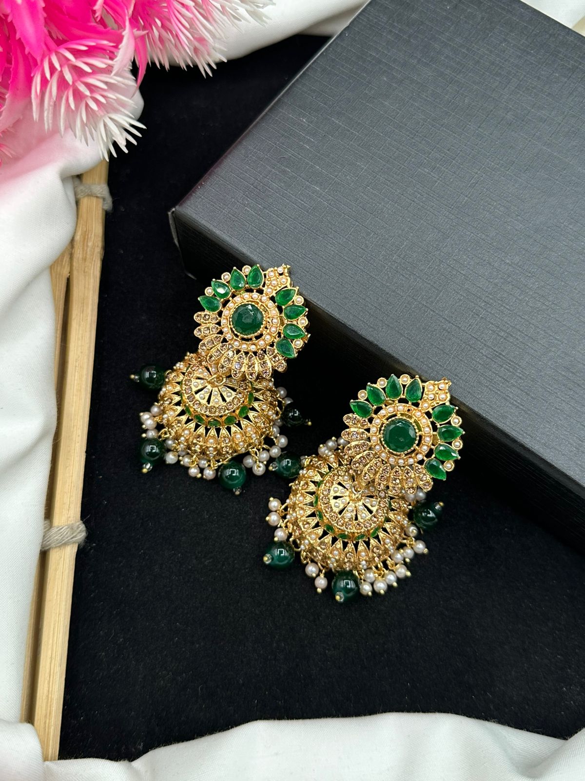 Elegant Manjoos Jhumki with Moti Bandai & Zircon Sparkle
