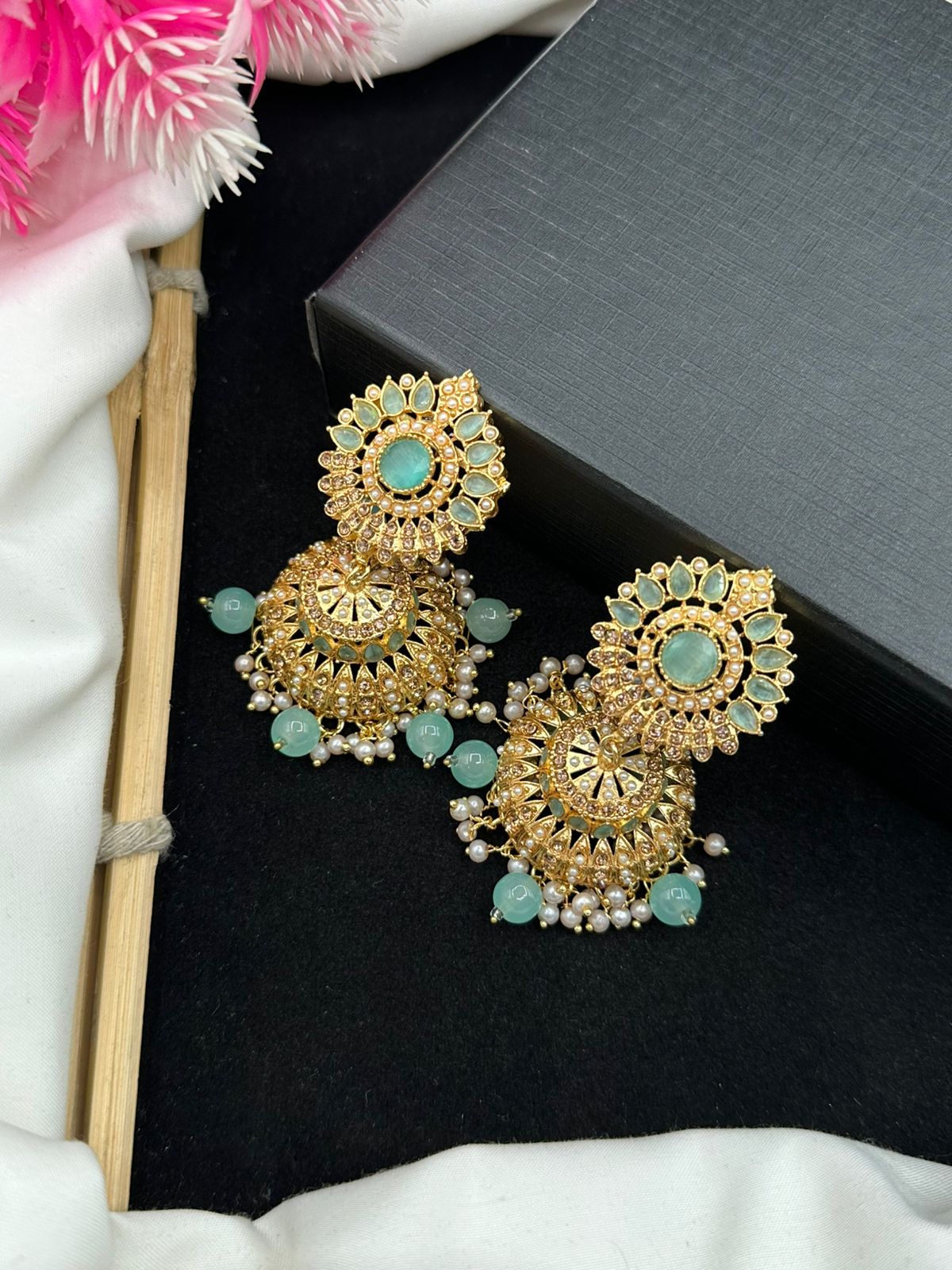 Elegant Manjoos Jhumki with Moti Bandai & Zircon Sparkle