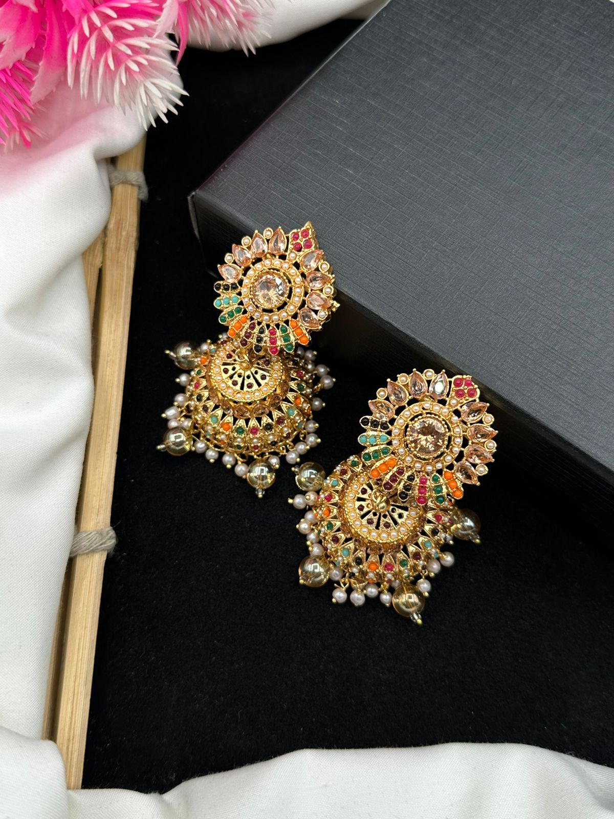 Elegant Manjoos Jhumki with Moti Bandai & Zircon Sparkle