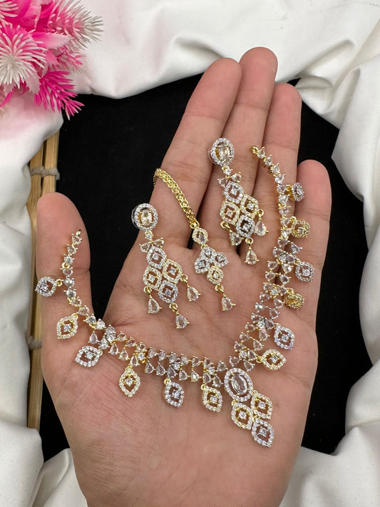 Indian cubic Zircon two tone silver polish necklace set