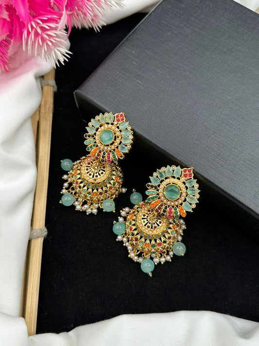 Elegant Manjoos Jhumki with Moti Bandai & Zircon Sparkle
