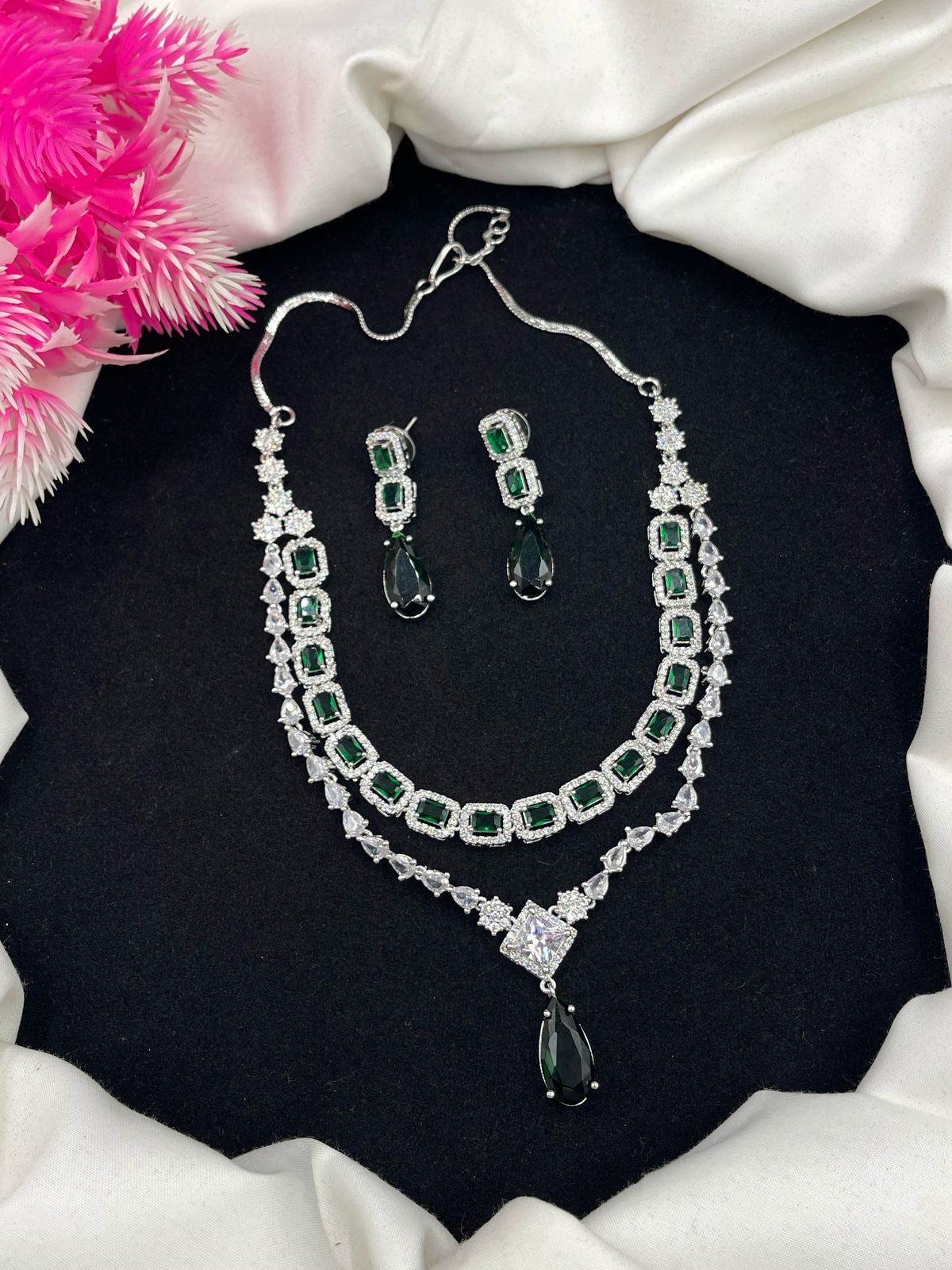 New Beautiful Elegant Design AD American Diamond With Zircon Two layers Necklace Sets.