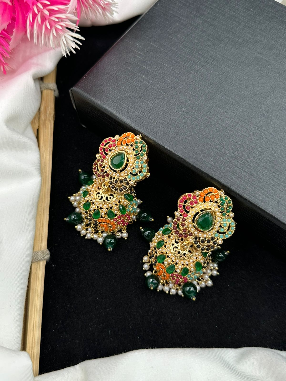 Glow in every angle – handmade earrings made to shine nauratan & zircon work jhumki's